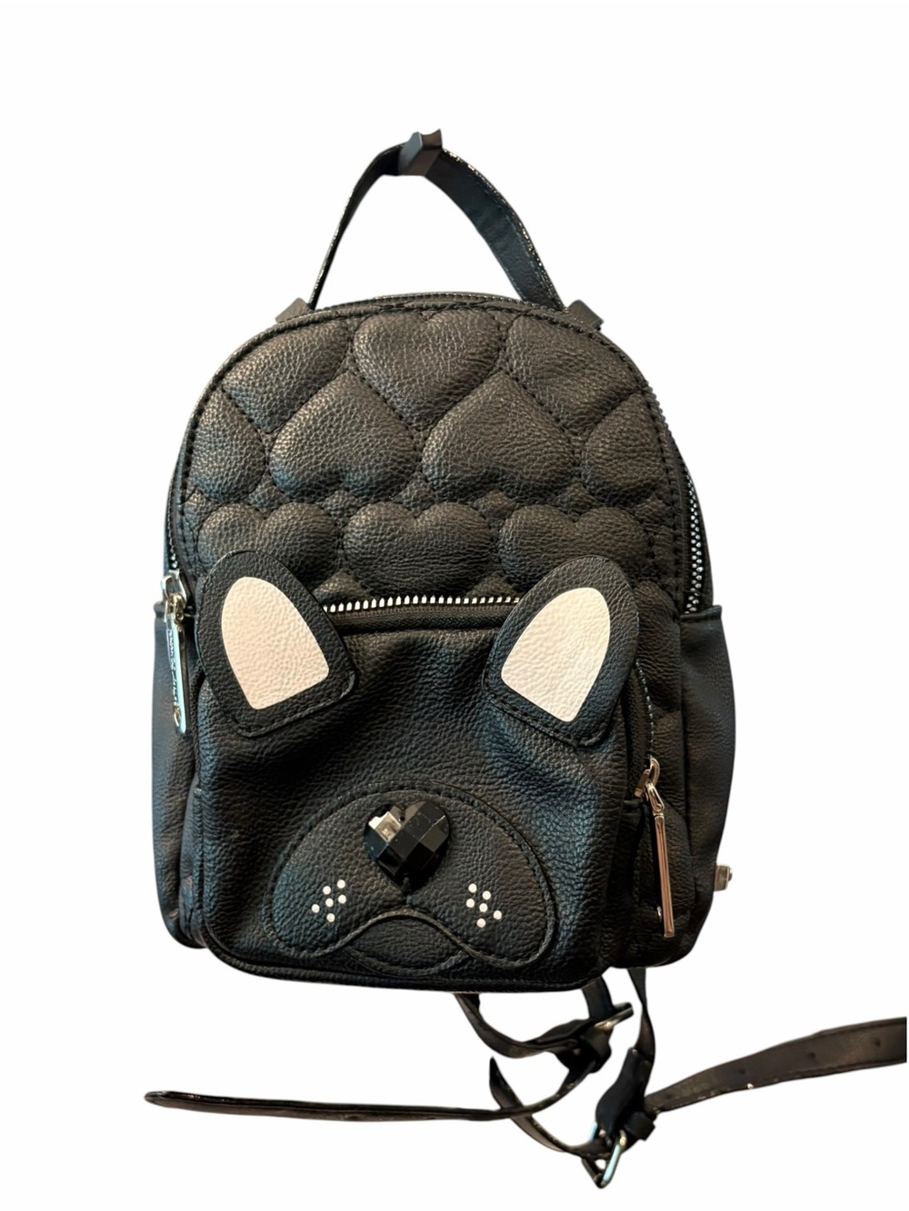 Betsey Johnson Black Faux Leather Puppy Dog Face Mini Backpack Pug Quilt Heart